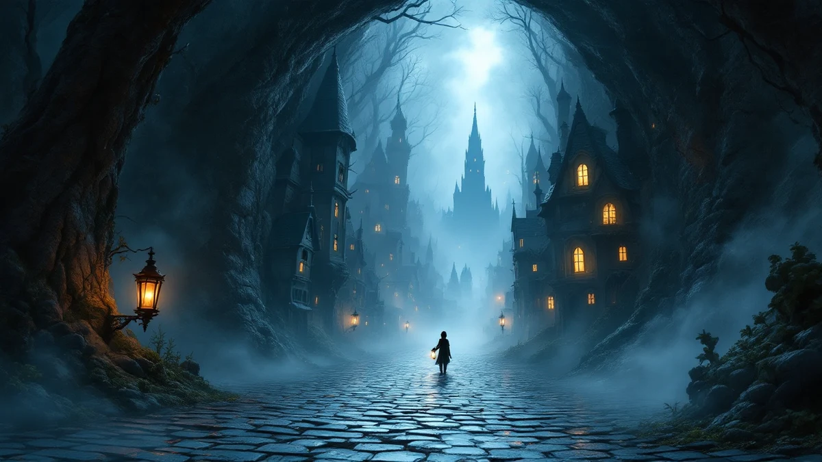 pintura de una figura diminuta con un farol ante un callejón adoquinado de casas torcidas y una torre lejana entre la niebla azul