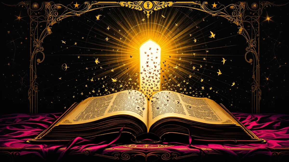 Lámina arcana: un libro abierto sobre un atril del que las letras salen volando convertidas en pájaros hacia una puerta de luz