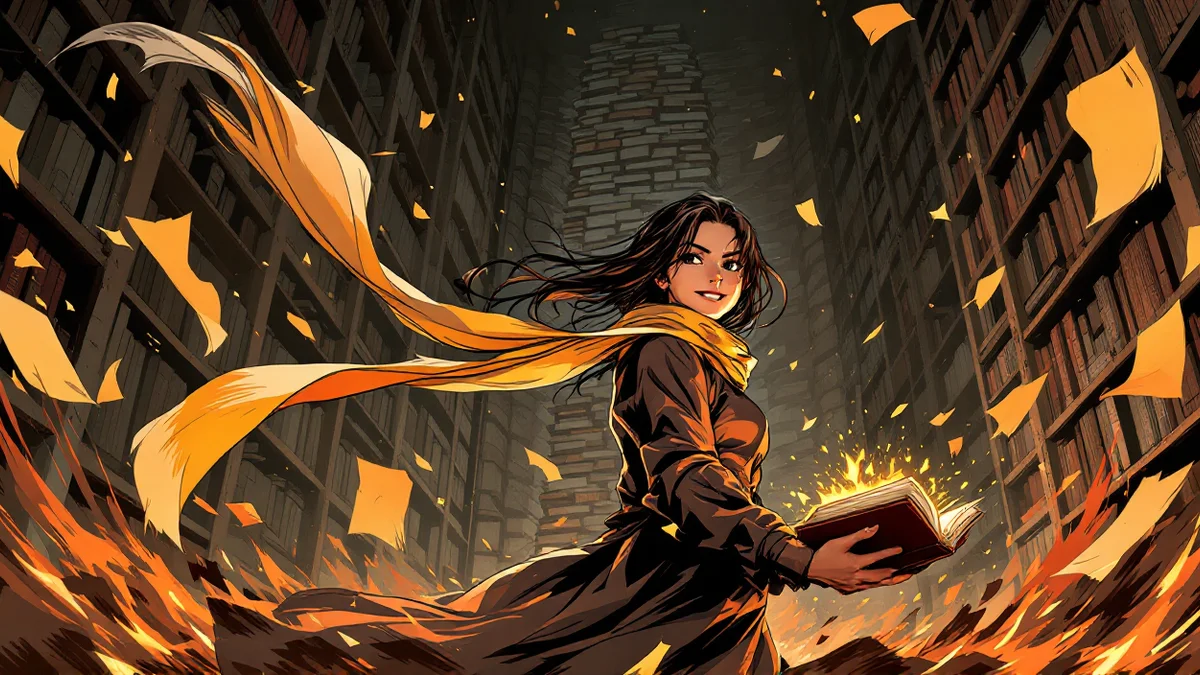 Ilustración de estilo manga de una joven de pelo largo y bufanda ondeante que mira al lector por encima del hombro con una sonrisa, sosteniendo un libro abierto del que sale luz, entre estanterías altísimas y hojas sueltas volando