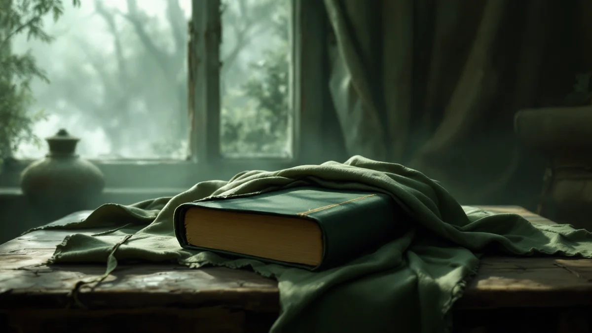 Pintura atmosférica en verdes apagados de un libro cerrado sobre una mesa de madera gastada, medio envuelto en un paño de lino arrugado, con la luz de una ventana cayendo sobre el canto dorado de las páginas