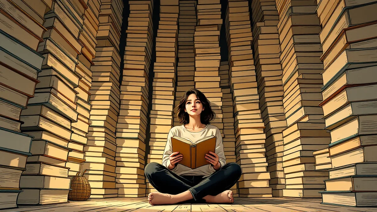 Ilustración de estilo manga de una lectora joven sentada en el suelo de su habitación rodeada de torres de tomos que la superan en altura, mirando hacia arriba