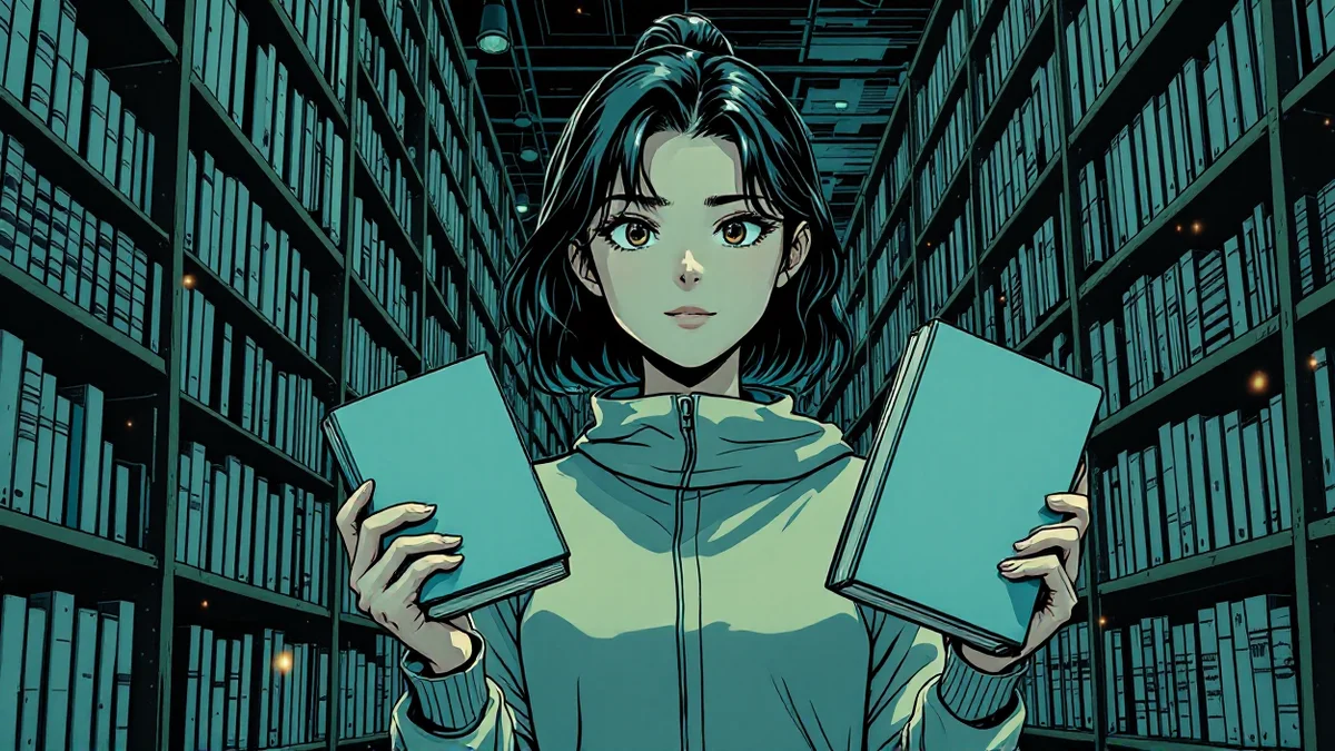 Ilustración de estilo manga de una lectora joven que mira al lector desde el pasillo de una biblioteca de estanterías altísimas, sosteniendo en alto un tomo de tapas lisas en cada mano como si los comparara