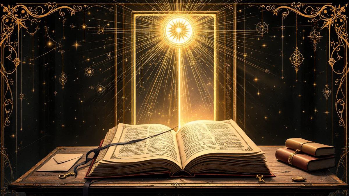 Lámina arcana: un manuscrito atado con cinta sobre un escritorio de madera, junto a un sobre lacrado y una llave, ante una puerta entreabierta de la que sale luz