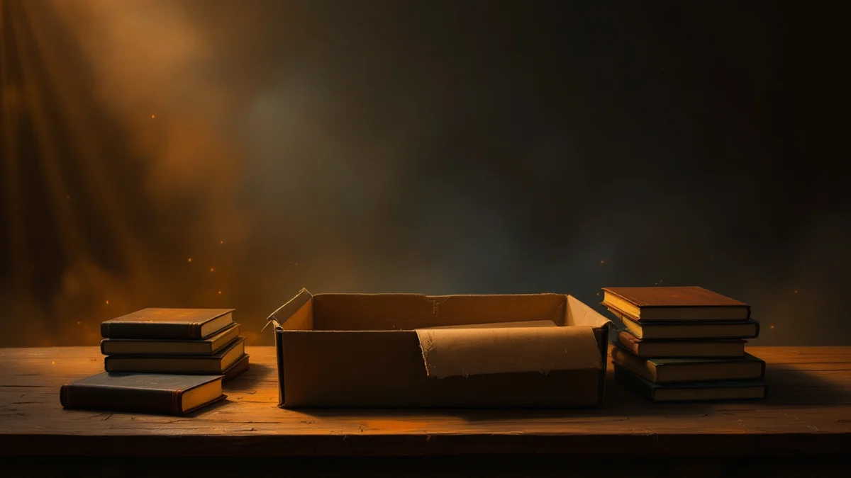 estuche de cartón abierto sobre una mesa con varios libros a medio salir, ilustración atmosférica