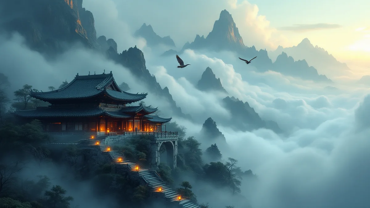 Pintura de un templo de montaña de tejados curvos emergiendo entre nubes al amanecer, con farolillos encendidos y picos escarpados al fondo