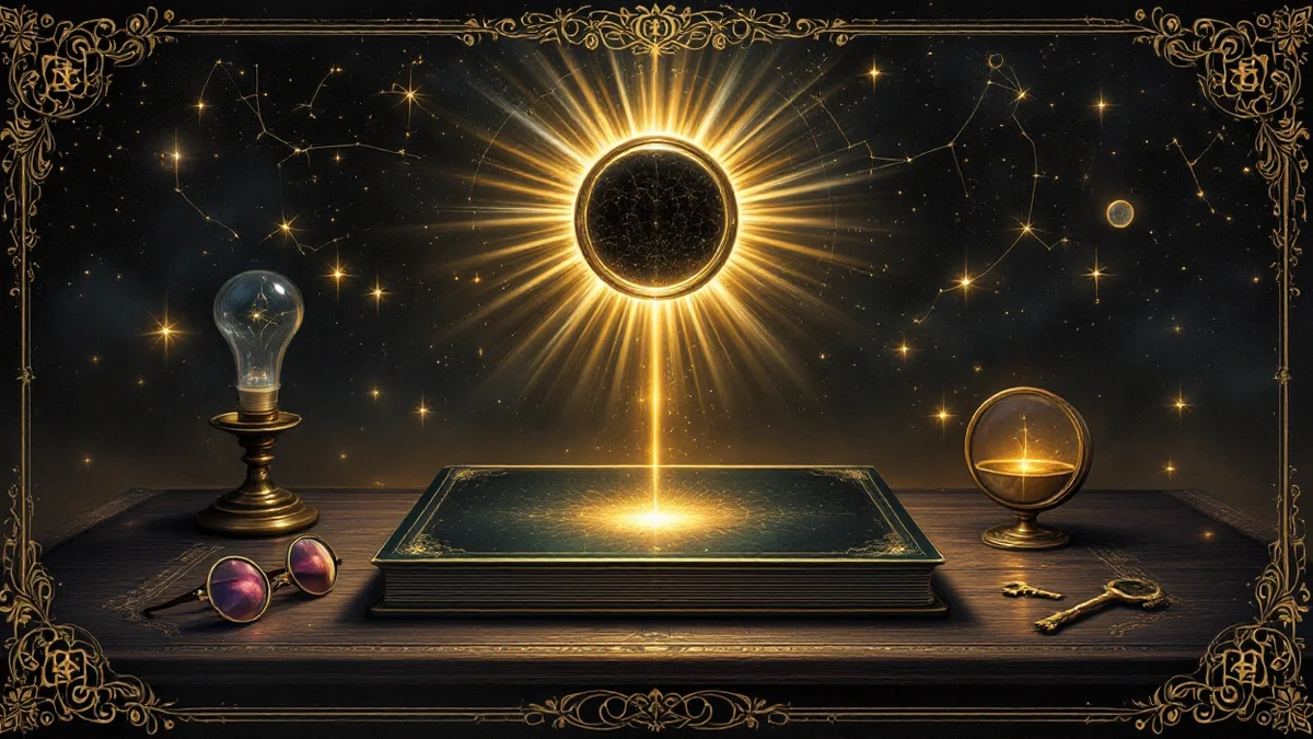 Lámina arcana: un lector plano encendido sobre una mesa oscura, del que sube una columna de luz dorada hacia un disco radiante, con unas gafas de leer y una llave de latón al lado