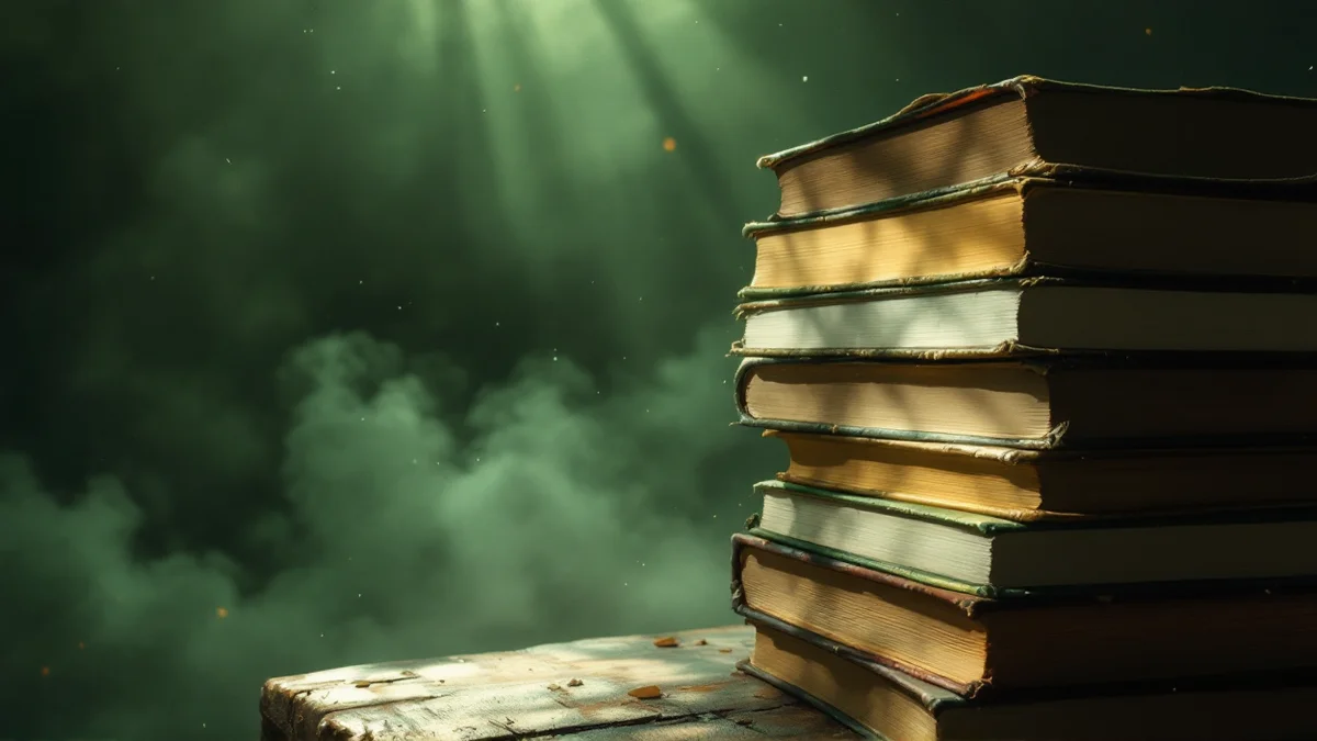 pila de libros cerrados vista de canto, con los bordes de las páginas teñidos, ilustración atmosférica