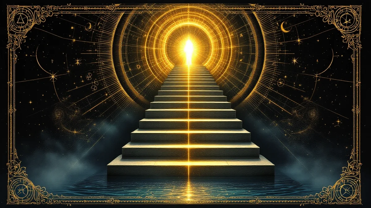 Lámina arcana: una escalera de doce peldaños hechos de libros que sube desde el agua oscura hasta un arco de luz