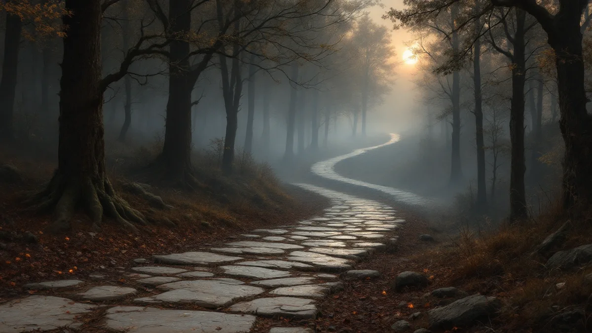 Pintura atmosférica de un camino empedrado que serpentea y se pierde en la niebla de un bosque de otoño, con el sol bajo entre los troncos