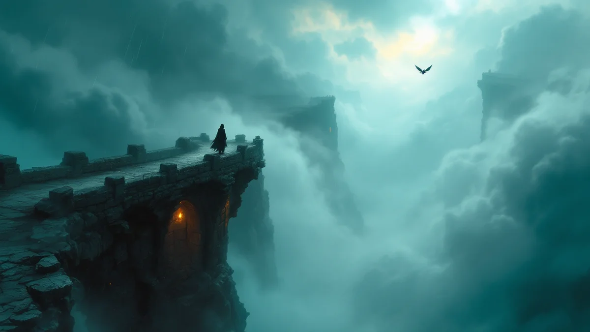 Pintura atmosférica de una muralla de piedra almenada sobre un abismo de nubes, con una figura encapuchada diminuta caminando por ella bajo la tormenta y una silueta alada a lo lejos
