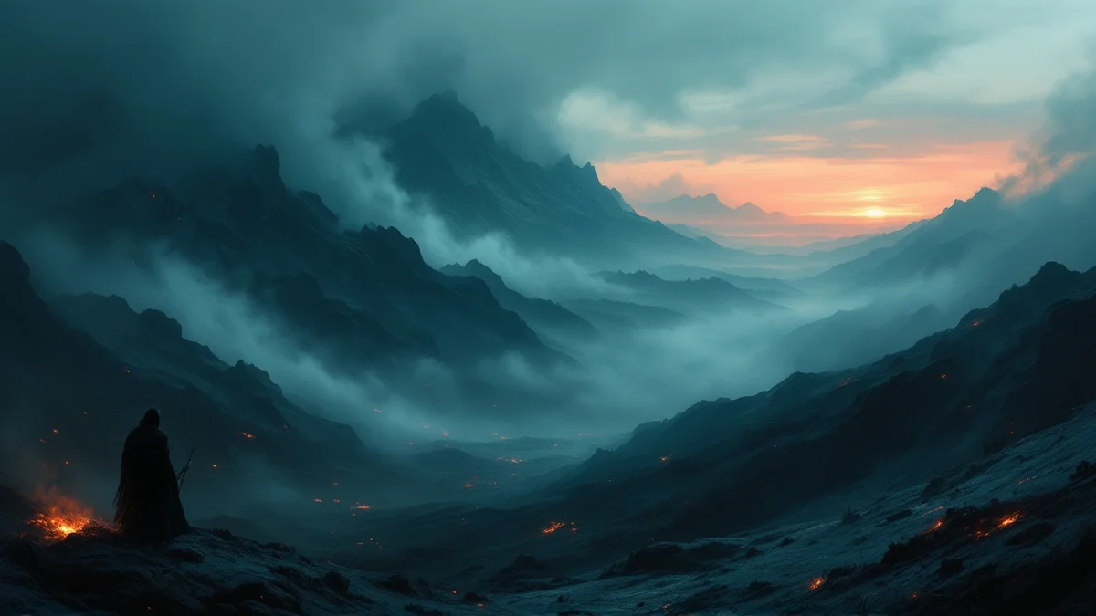 Pintura atmosférica de ceniza y brasas flotando sobre un valle en penumbra, con una cordillera al fondo y el último resplandor rojizo en el horizonte