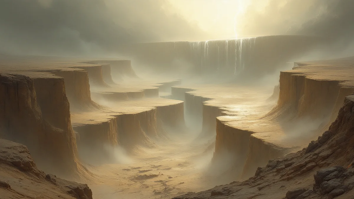 Pintura atmosférica de una llanura árida partida por grietas profundas hasta el horizonte, con un muro de agua y luz de tormenta desplomándose desde el fondo