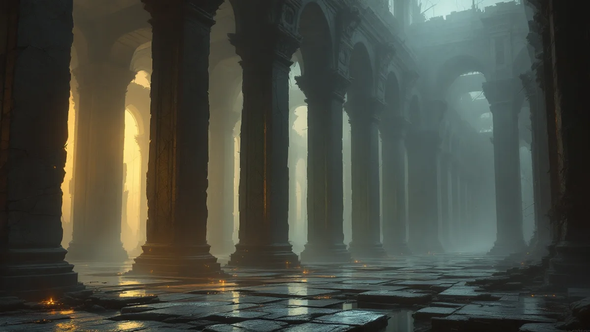 Pintura atmosférica del interior de un salón en ruinas, con hileras de columnas de piedra que se pierden en la niebla, luz dorada entrando por los arcos del fondo y un suelo de losas encharcadas que la refleja