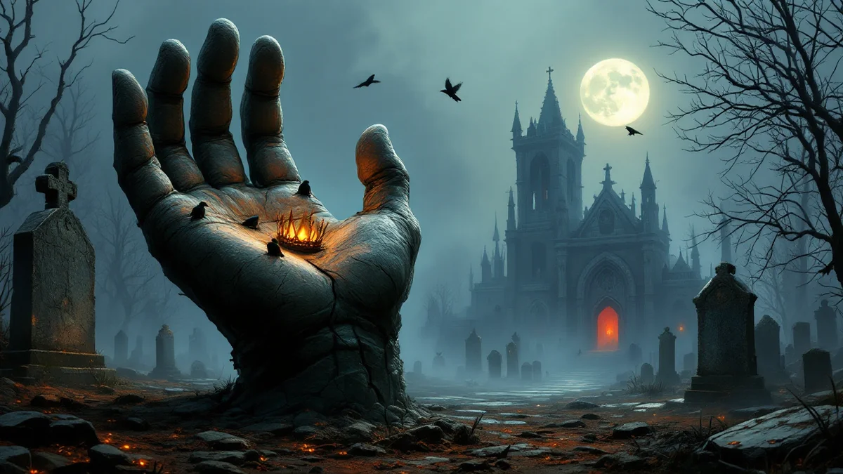 Una mano de piedra enorme con una corona de hierro en la palma, saliendo de la tierra de un cementerio con niebla ante una capilla en ruinas — orden de lectura de Hellboy y el Mignolaverso
