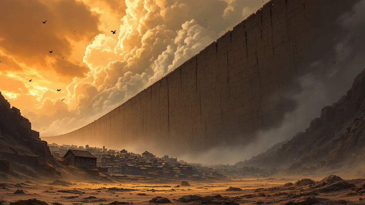 Ilustración de estilo manga de una enorme muralla de piedra que atraviesa el horizonte con casas diminutas a su pie, vista en contrapicado bajo un cielo cargado