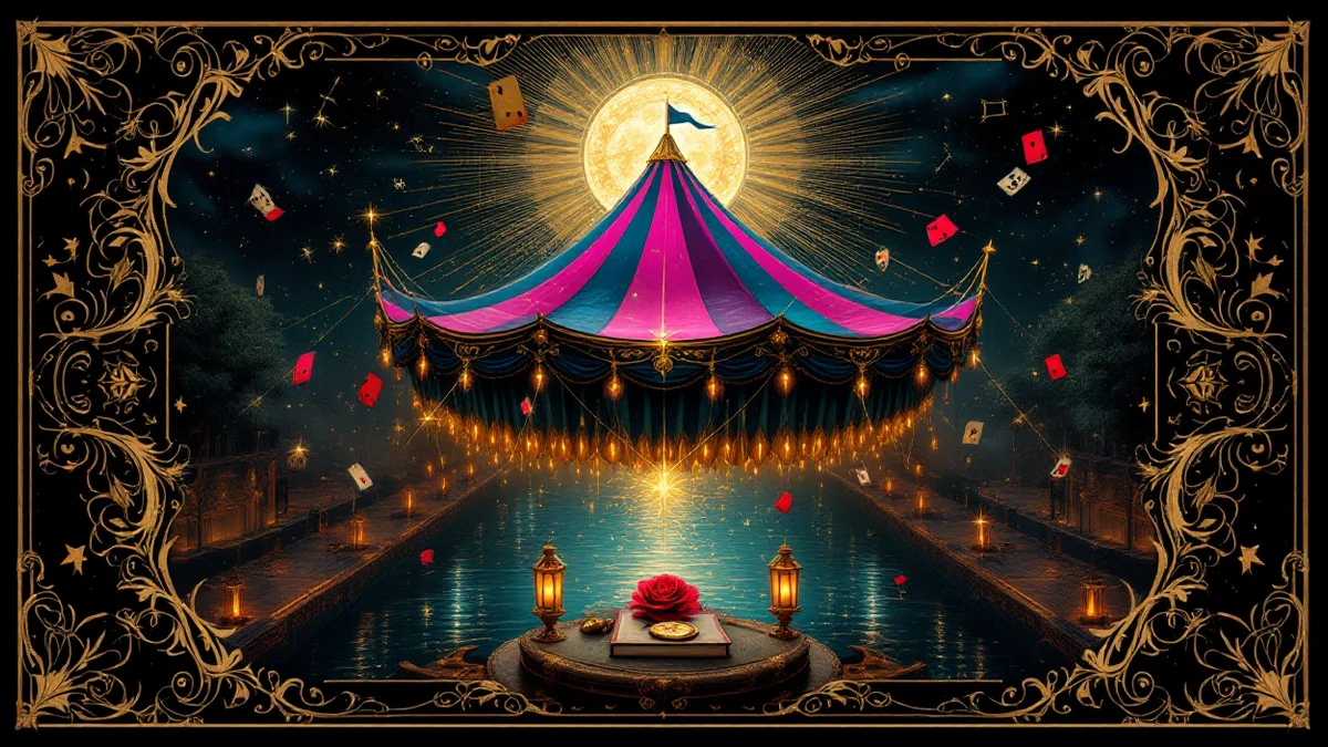 Carpa de feria a rayas magenta y azul noche flotando sobre un canal, con naipes suspendidos en el aire soltando chispas y un reloj de bolsillo dorado junto a una rosa roja sobre el agua