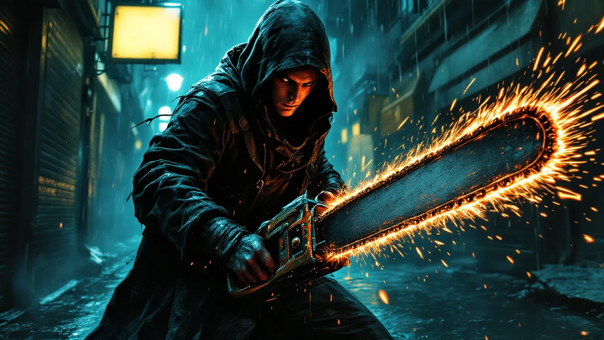 Un cazador de demonios empuña una motosierra bajo la lluvia en un callejón de Tokio — orden de lectura de Chainsaw Man