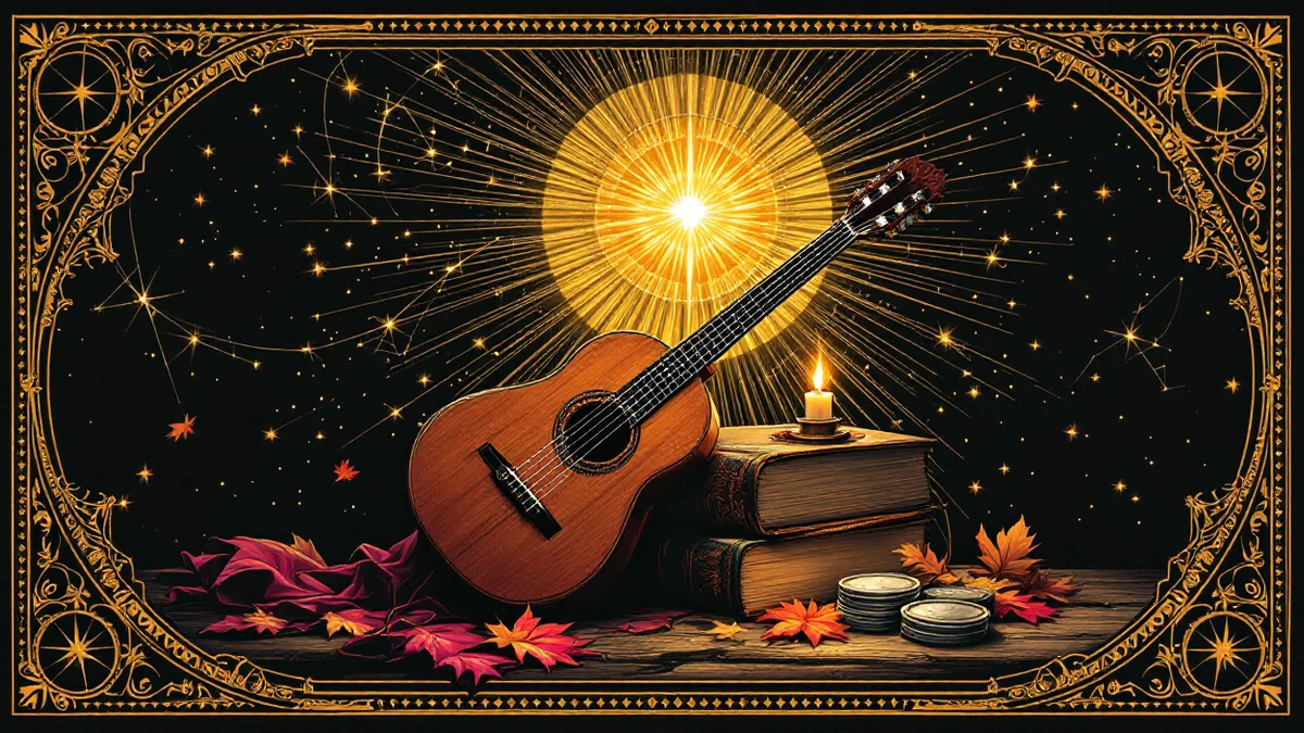 Instrumento de cuerda apoyado sobre una mesa de taberna junto a una pila de libros antiguos y una vela encendida, con hojas de otoño y monedas de plata sobre la madera bajo un halo de luz dorada