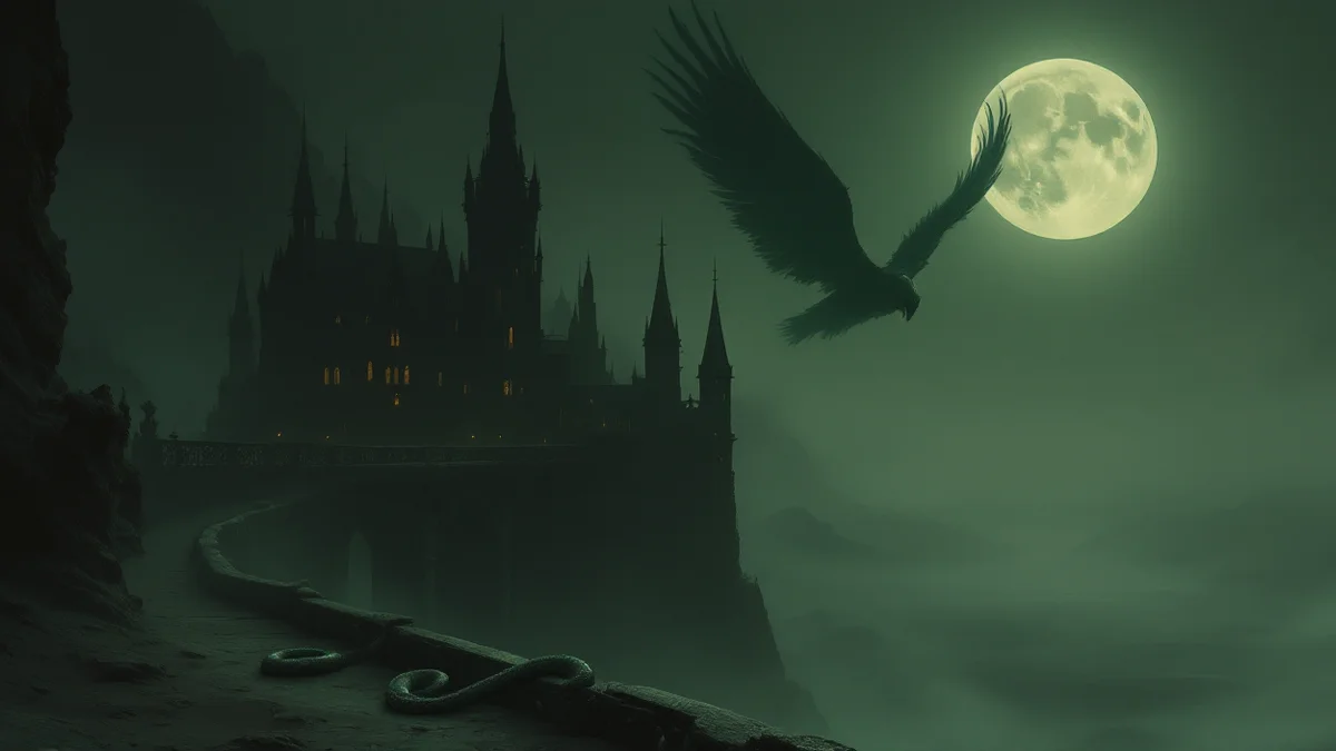 Pintura atmosférica en tonos verdes: un palacio gótico sobre un acantilado de noche, una luna llena, una criatura alada en pleno vuelo y una serpiente enroscada en el pretil de piedra en primer plano