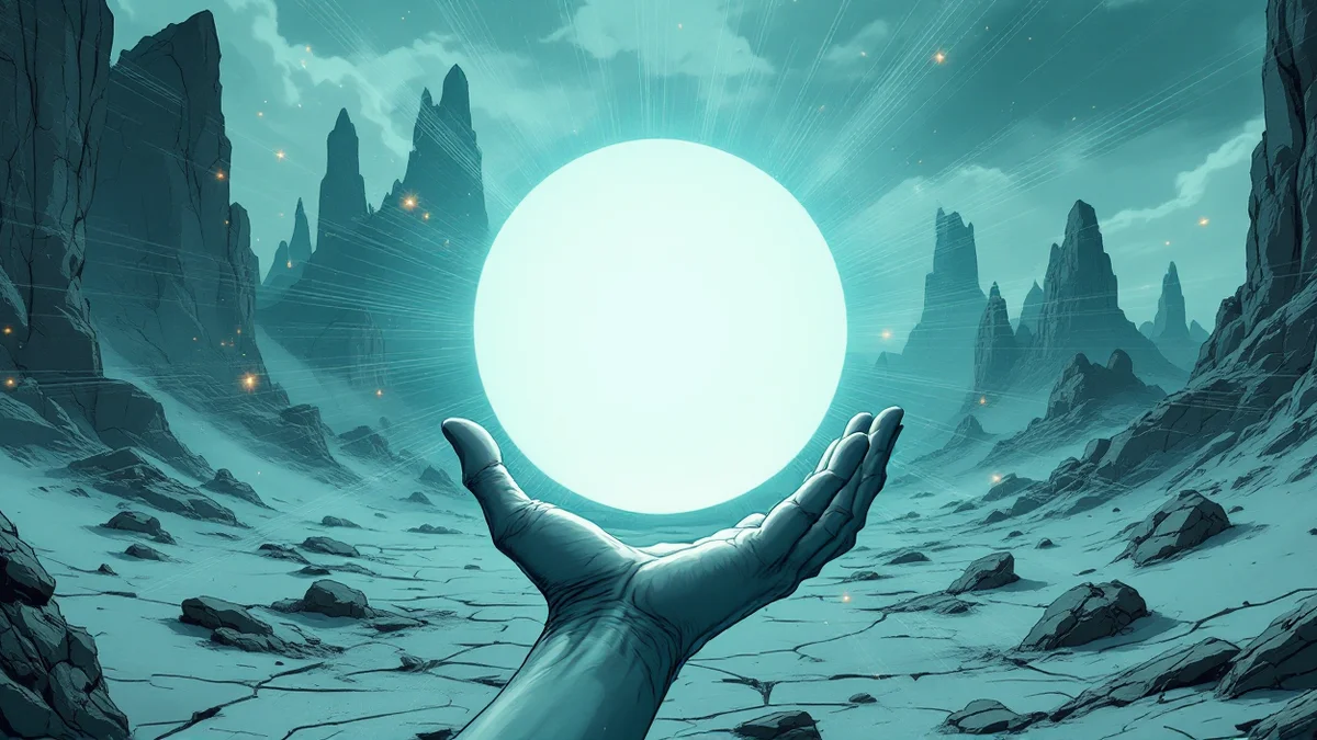 Ilustración de estilo manga de una esfera luminosa suspendida sobre una mano abierta en un desierto de rocas, con destellos alrededor