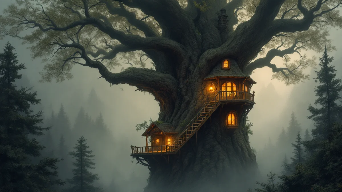 Pintura atmosférica de una posada de madera encaramada entre las ramas de un árbol enorme, con las ventanas iluminadas y una escalera que sube por el tronco, sobre un bosque de niebla al anochecer