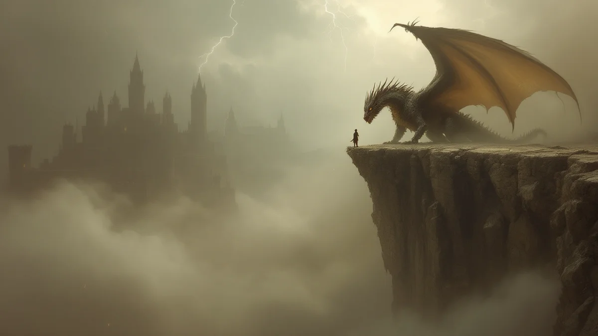 Dragón enorme posado en el borde de un risco de piedra frente a una figura diminuta, con una fortaleza de torres emergiendo de la niebla y un relámpago rompiendo entre las nubes