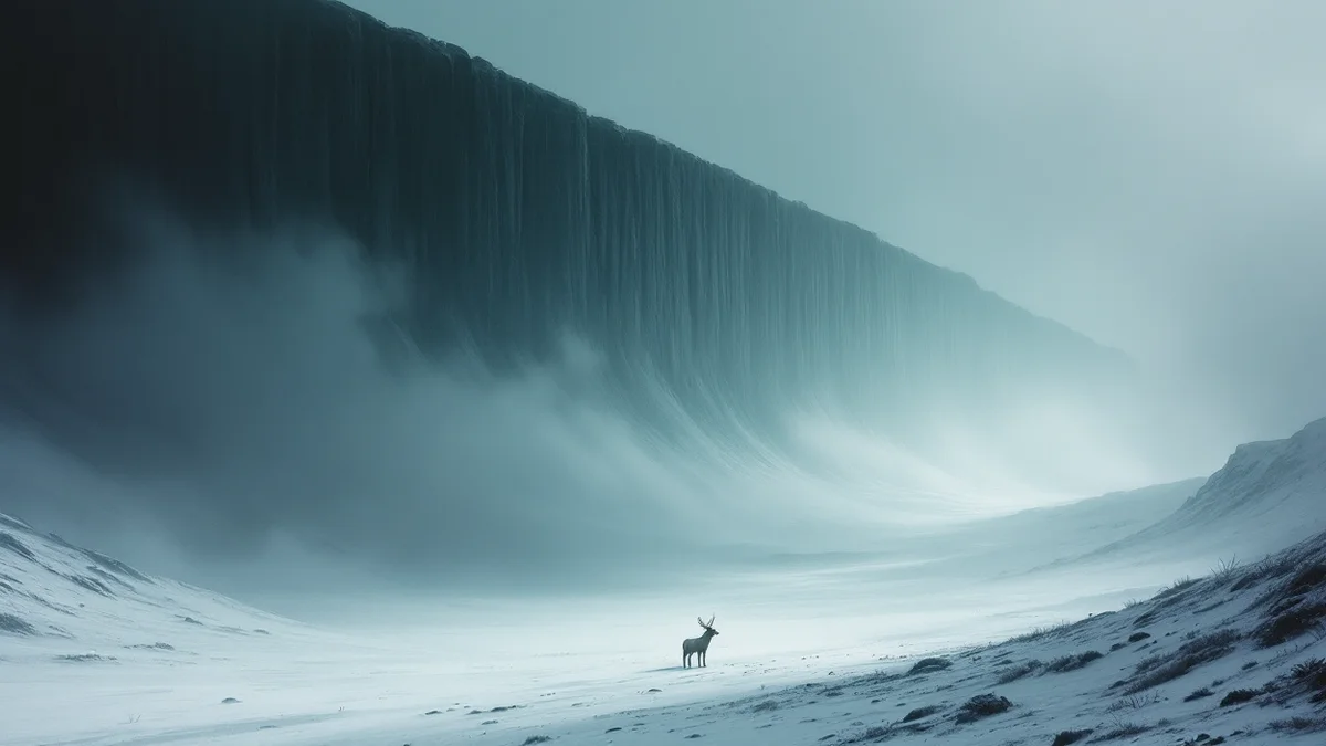 Muro inmenso de oscuridad que cruza de lado a lado una llanura nevada, con un ciervo blanco solo en la nieve en primer término