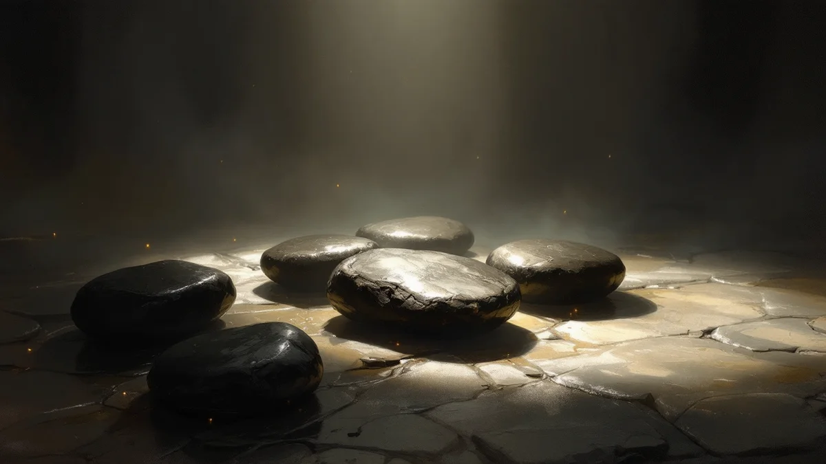Pintura atmosférica de un grupo de piedras pulidas sobre losas mojadas bajo un haz de luz cenital, unas negras y mates y otras con brillo metálico, entre penumbra y niebla
