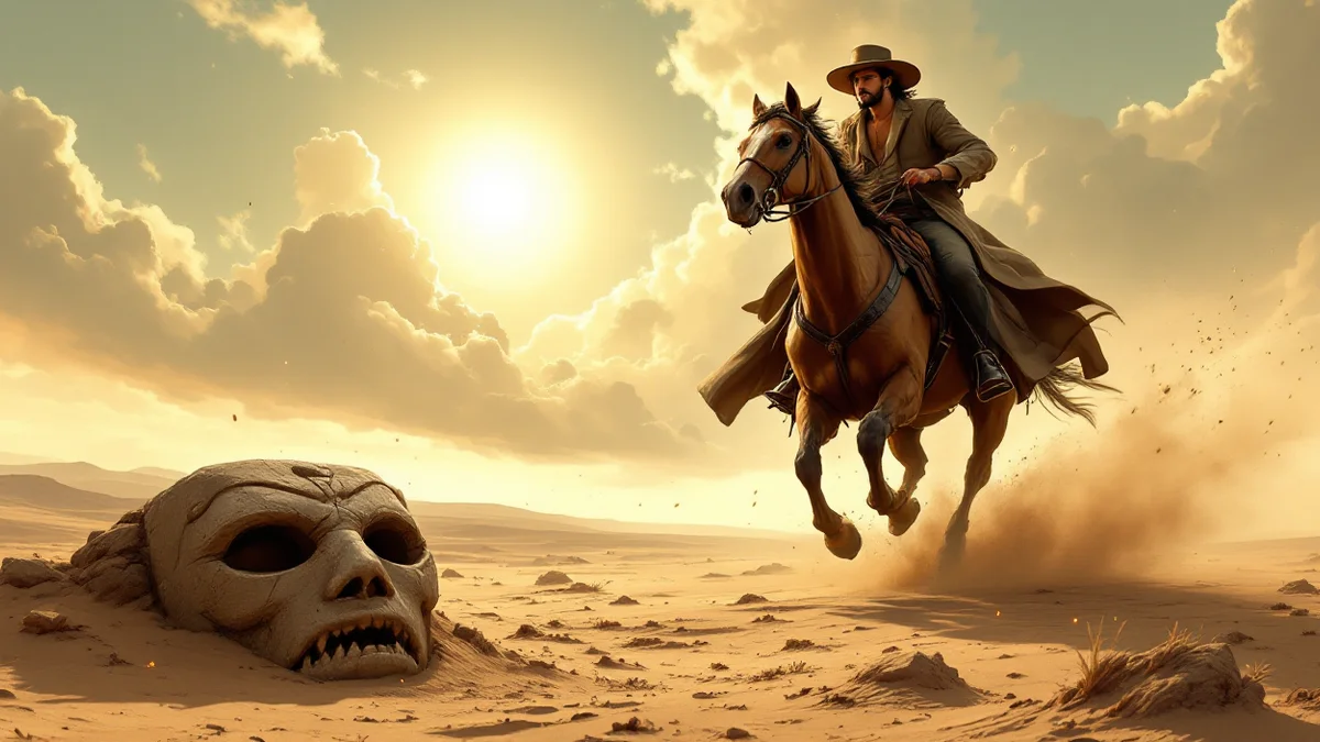 Un jinete con sombrero de ala ancha galopa por una pradera polvorienta al atardecer y en primer plano asoma de la arena una antigua máscara de piedra — orden de lectura de JoJo's Bizarre Adventure