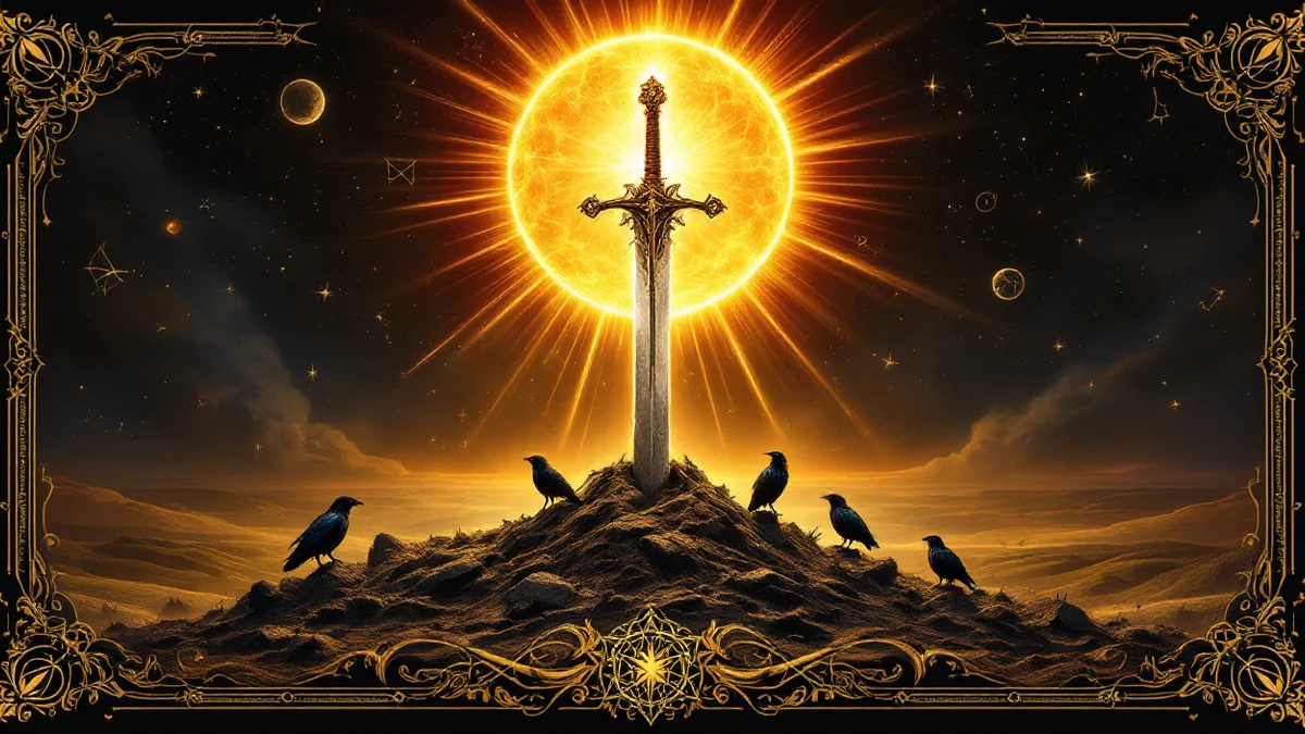 Espada de gran tamaño clavada de punta en la cima de un túmulo de tierra, con cuervos posados alrededor y un sol dorado ardiendo justo detrás de la hoja, sobre una llanura oscura y un cielo estrellado