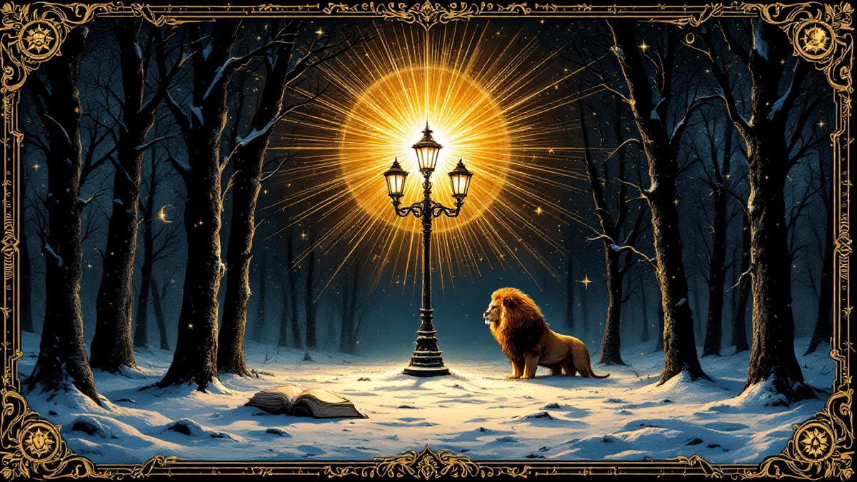 Farola de hierro encendida con llama dorada en mitad de un bosque nevado de noche, con árboles negros sin hojas y un gran león observando entre los troncos