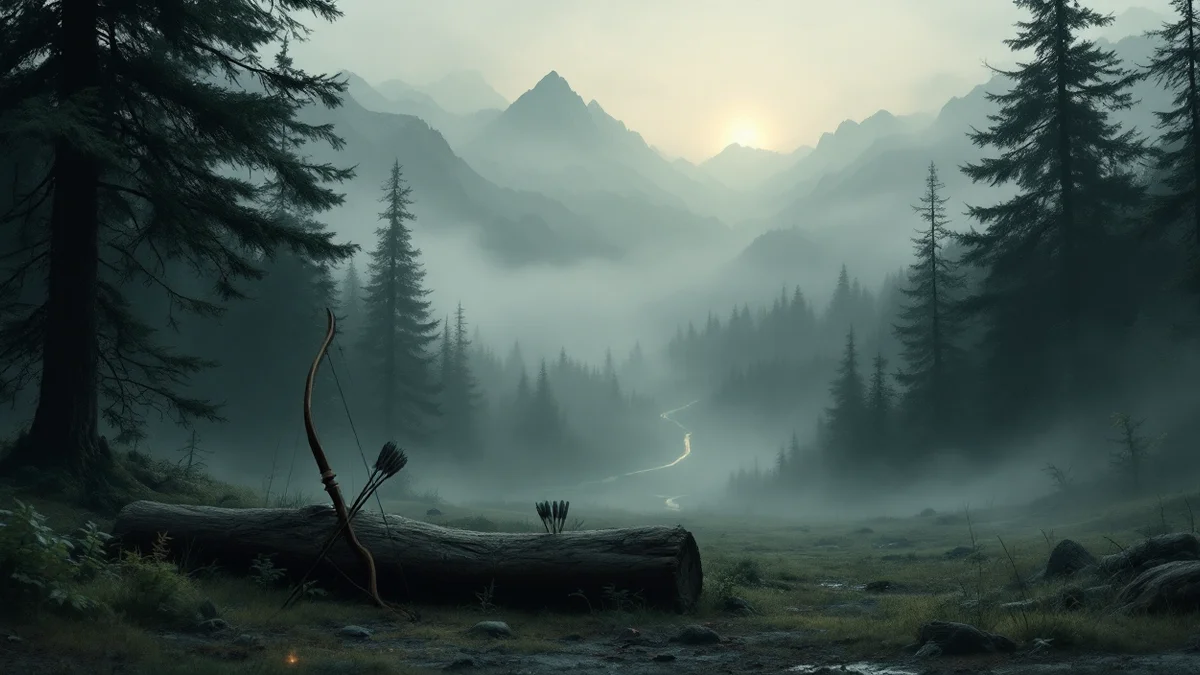 Pintura atmosférica: un valle de pinos entre la niebla al amanecer, con un arco y unas flechas apoyados en un tronco caído y un río que brilla al fondo entre las montañas