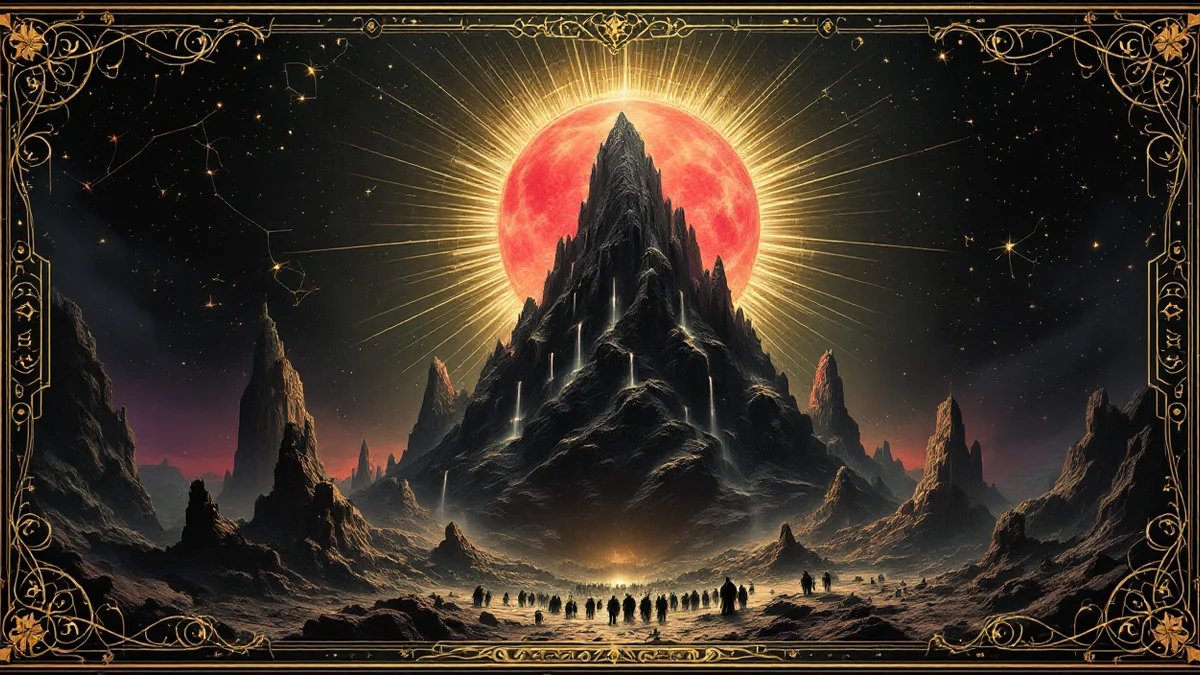 Montaña negra y dentada recortada contra una gran luna roja rodeada de un halo dorado, con una muchedumbre de figuras diminutas avanzando hacia ella por una llanura en penumbra bajo un cielo estrellado