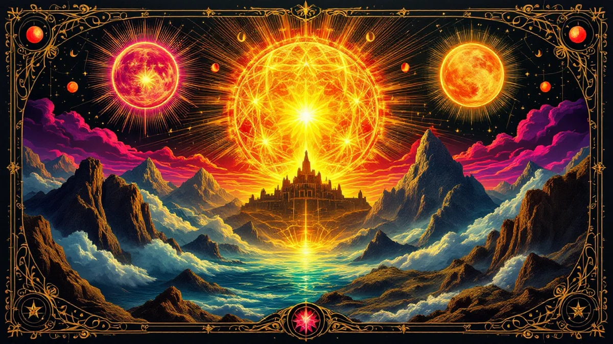 Lámina dorada con tres soles de distinto color y lunas crecientes sobre un mundo de montañas, con una ciudadela recortada en lo alto y un haz de luz descendiendo hacia el valle