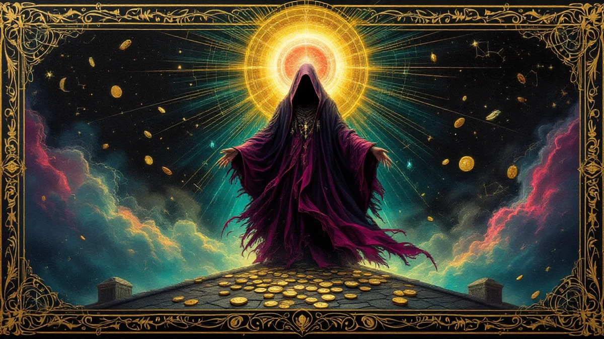 Figura envuelta en una capa de brumas de tiras plateadas sobre un tejado, con monedas y viales de metal flotando alrededor unidos por líneas de luz azul bajo un sol rojo y una lluvia de ceniza