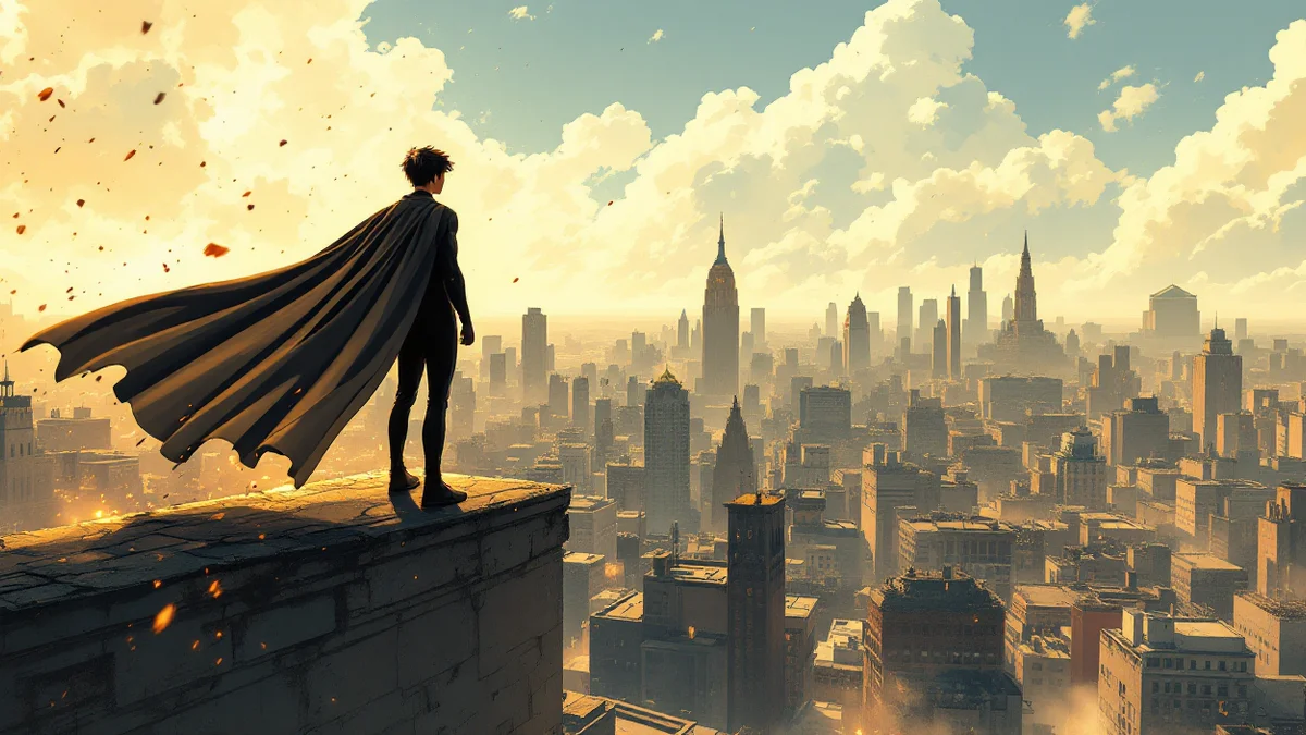 Ilustración de estilo manga de una figura joven de pie al borde de una azotea, con una capa lisa ondeando al viento, contemplando de perfil una gran ciudad de rascacielos bajo un cielo de nubes doradas