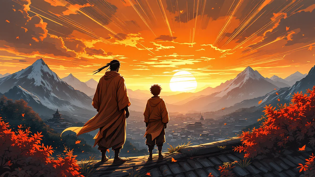 Ilustración de estilo manga de dos figuras de espaldas al lector en un tejado al atardecer, una adulta y otra joven, mirando hacia una aldea entre montañas