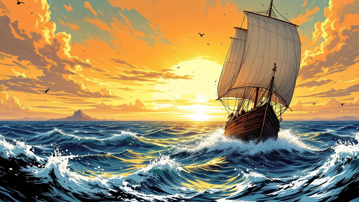 Ilustración de estilo manga de un velero de madera navegando por un mar picado hacia un horizonte de islas lejanas, con el sol saliendo entre nubes anaranjadas y gaviotas volando