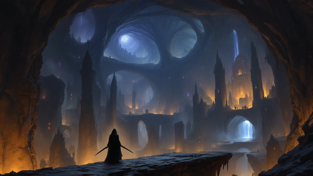 Pintura atmosférica de una inmensa ciudad subterránea de torres afiladas encendida en ámbar bajo una bóveda de roca, con una figura pequeña encapuchada y dos espadas curvas asomada a un saliente en primer plano y una luz fría entrando por una brecha al fondo