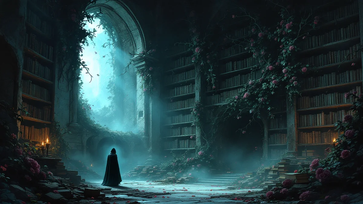 Pintura atmosférica de una sala en ruinas con estanterías de libros de suelo a techo cubiertas por zarzas de rosas, una figura pequeña encapuchada de espaldas en el centro y luz de luna entrando por un gran arco roto al fondo