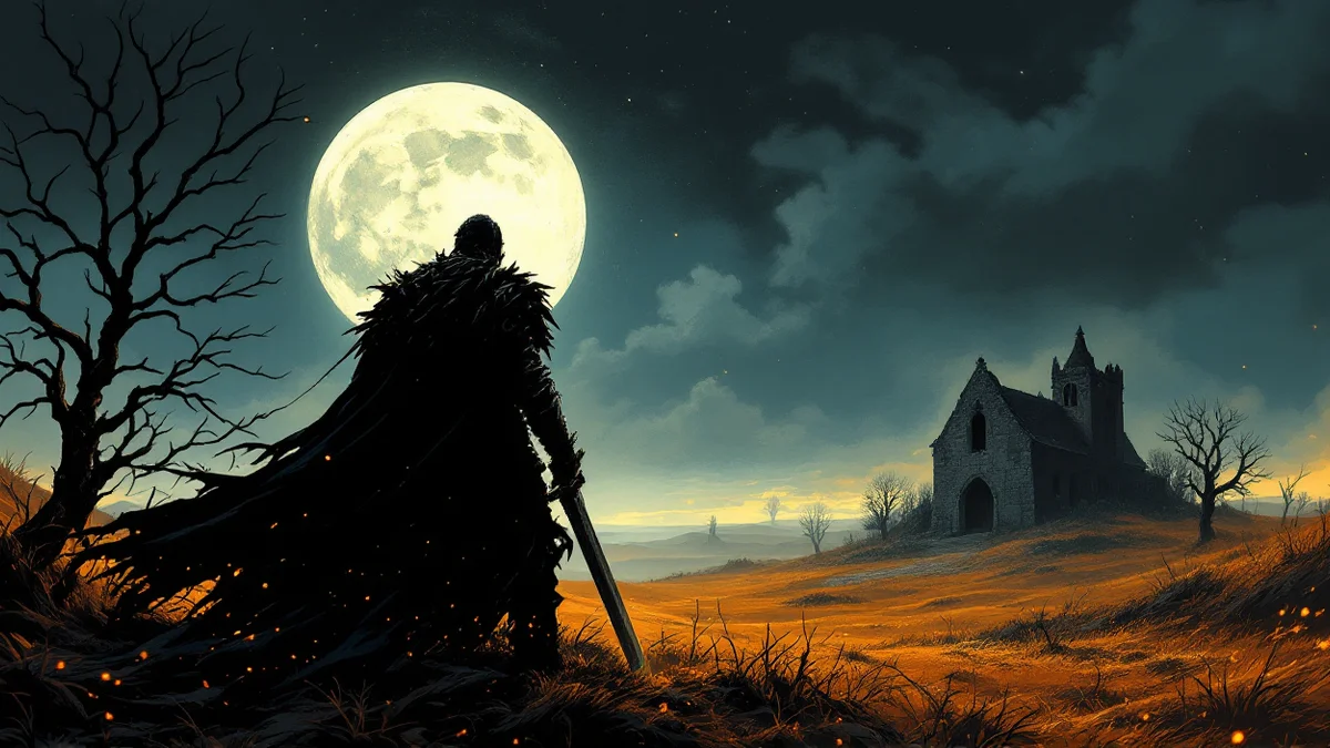Ilustración de fantasía oscura: un guerrero solitario de espaldas, con armadura y una capa harapienta, clava una espada enorme en la hierba de un páramo al anochecer; detrás, una luna llena gigante, árboles secos y una capilla en ruinas sobre una loma