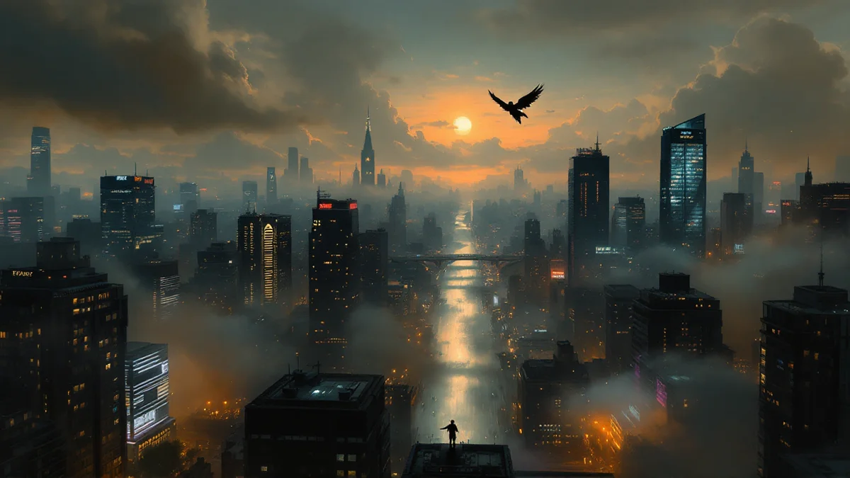 Ilustración de una ciudad de rascacielos al atardecer, entre nubes bajas y con un río iluminado cruzándola de lado a lado; una figura alada vuela recortada contra el sol y otra figura pequeña observa desde la azotea en primer plano, en tonos ámbar y grises