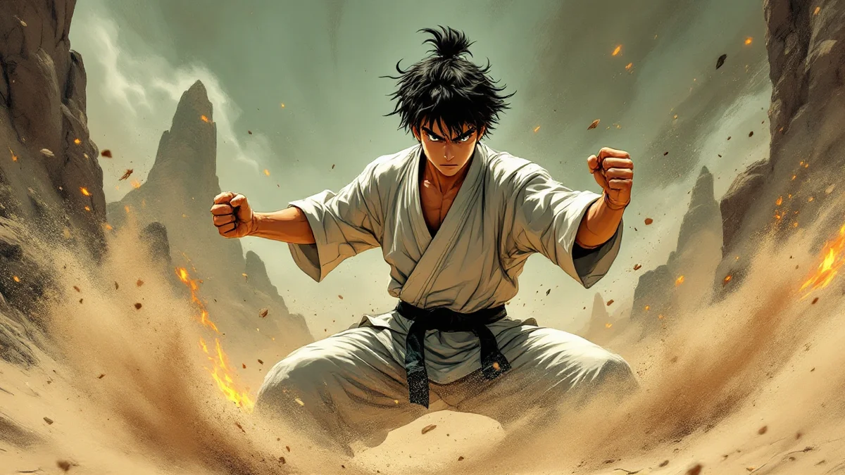 Ilustración de estilo manga de un joven artista marcial en guardia, con el puño cerrado y energía arremolinándose a su alrededor, sobre un paisaje árido