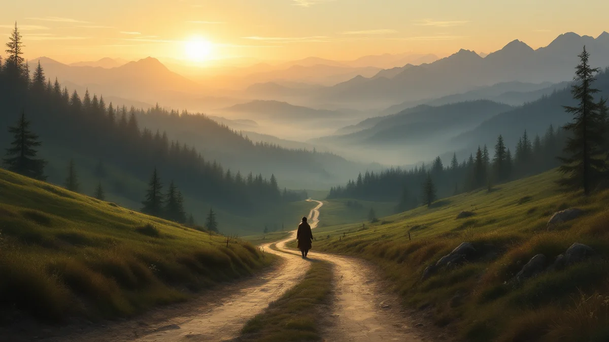 camino de tierra que se pierde entre colinas boscosas al amanecer, ilustración atmosférica