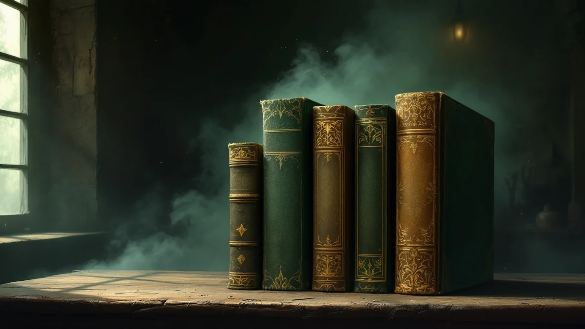 Pintura atmosférica de una hilera de libros antiguos de distintos tamaños y encuadernaciones sobre un mostrador de madera, iluminados por la luz de una ventana lateral