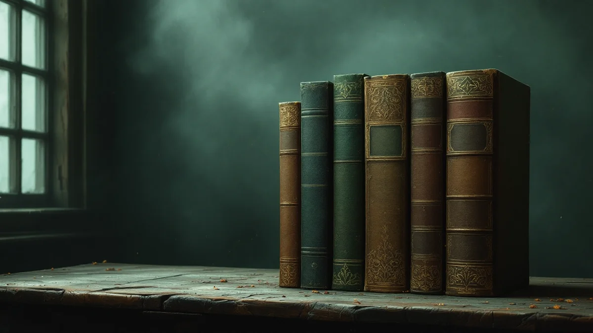 Pintura atmosférica de una hilera de libros antiguos de distintos tamaños y encuadernaciones sobre un mostrador de madera, iluminados por la luz de una ventana lateral