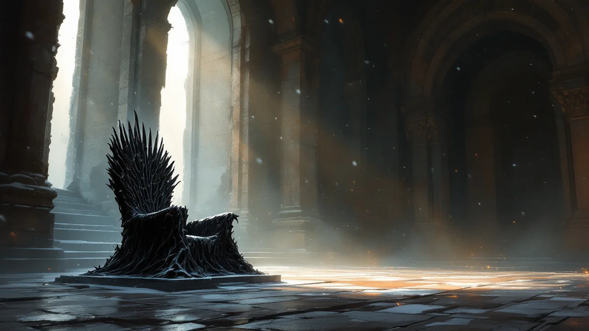 trono vacío de hierro retorcido en una sala en penumbra con nieve entrando por un ventanal, ilustración atmosférica