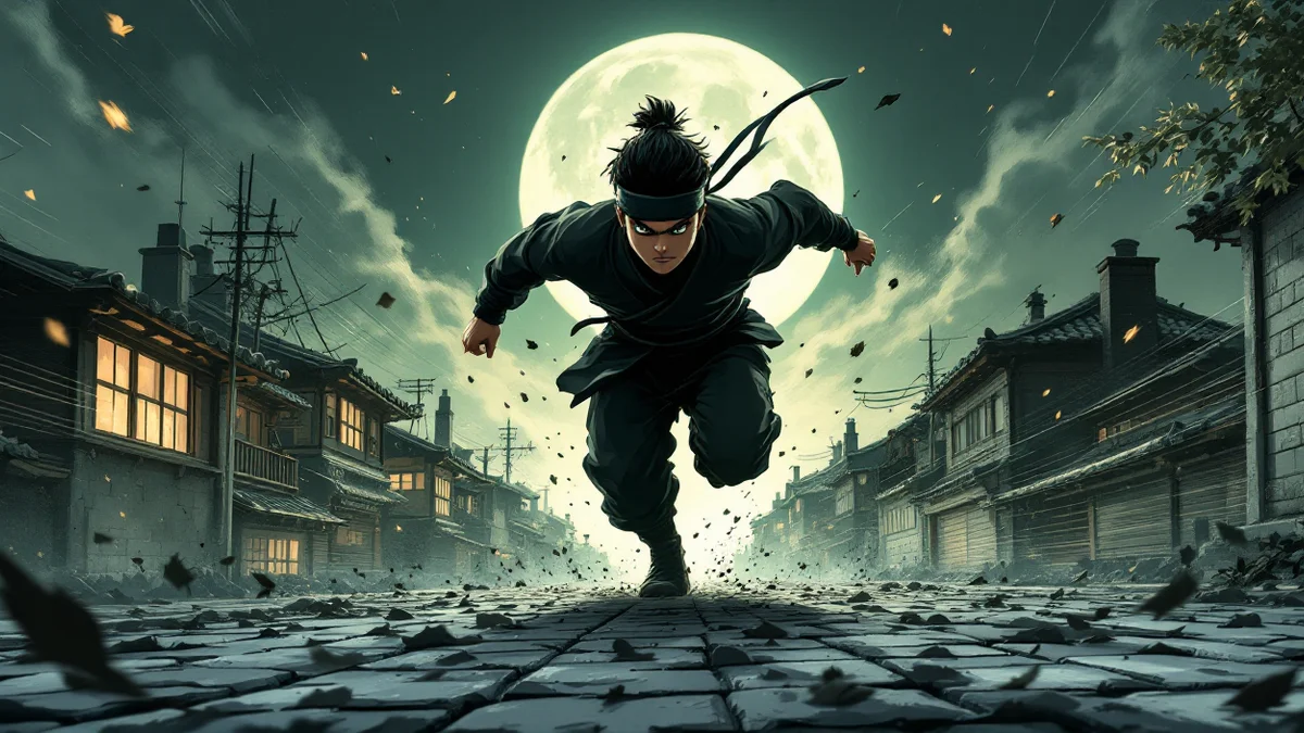 Ilustración de estilo manga de un joven ninja corriendo de frente hacia el lector por una calle empedrada de casas bajas, bajo una luna llena enorme, con la banda de la frente lisa y hojas y grava saltando a su paso