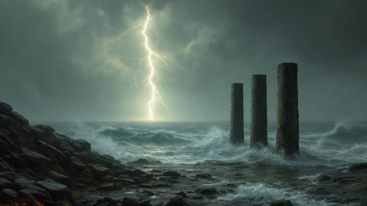 Pintura atmosférica de un rayo cayendo sobre el mar embravecido frente a unas columnas de piedra en ruinas, al anochecer