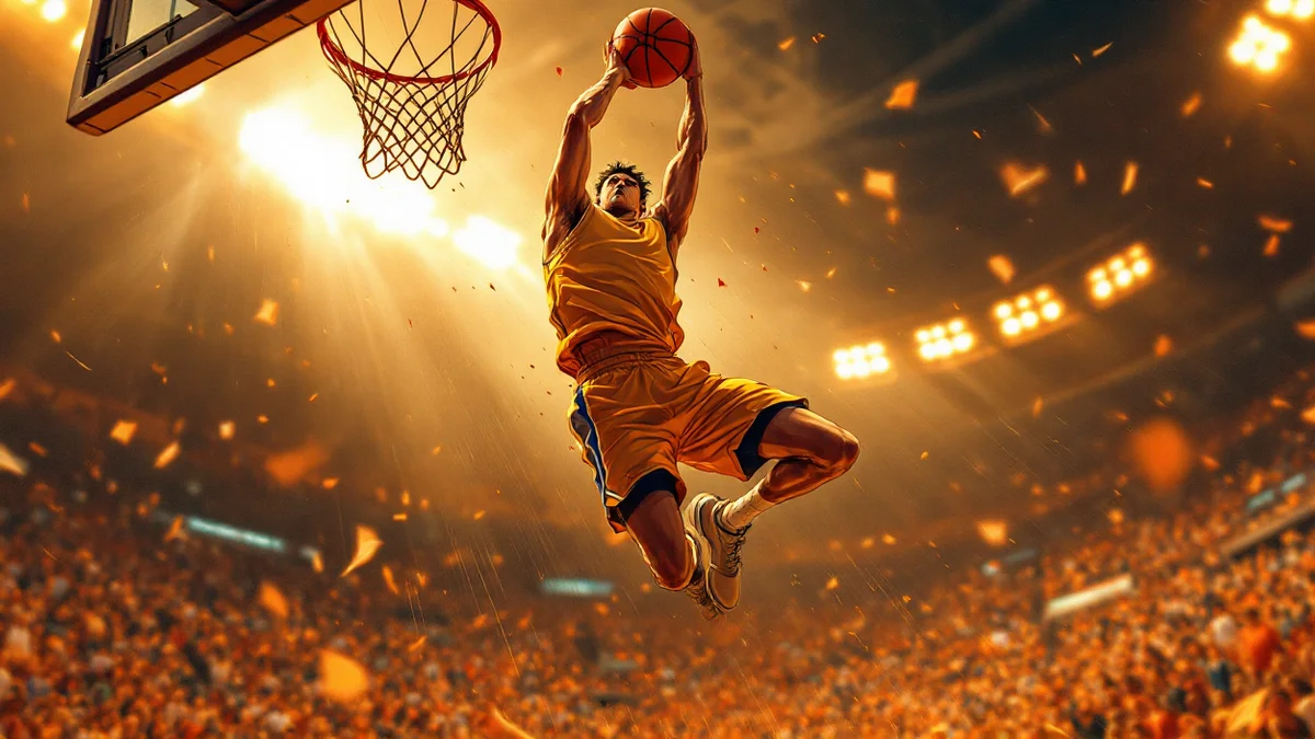 Ilustración de estilo manga de un jugador de baloncesto suspendido en el aire a punto de machacar el aro, visto desde abajo, con líneas cinéticas y gradas al fondo